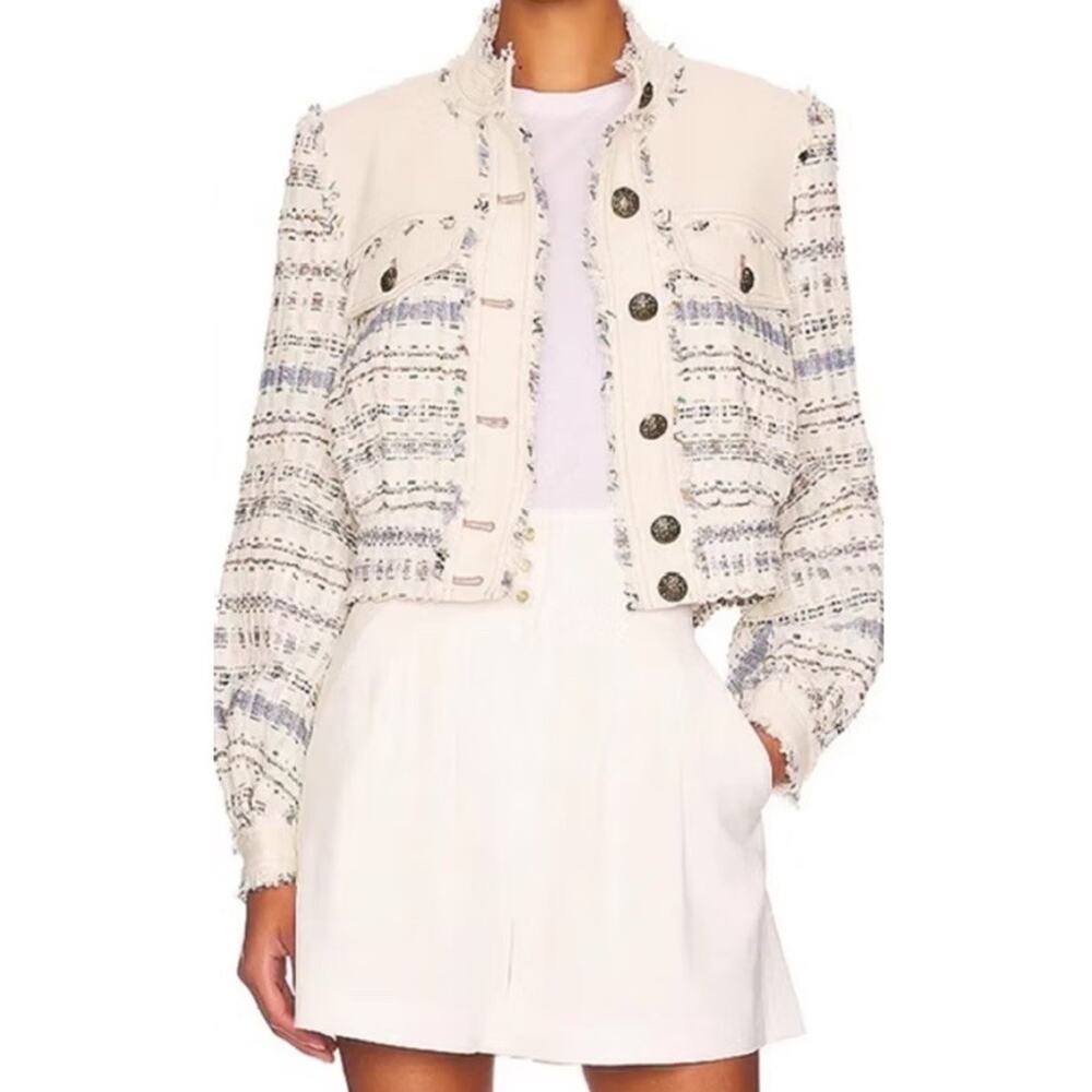 Veronica Beard Darren Tweed Jacket Ecru Multi Fringe Crop Jacket US 12 - Picture 6 of 14